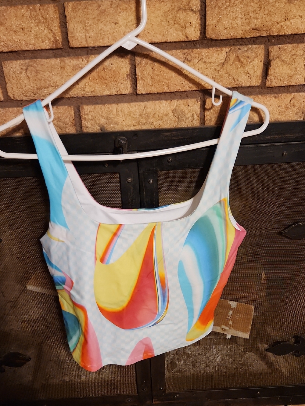 Fabletics Multicolor Abstract Scoop Crop Tank Top - Yellow Blue Pink Orange